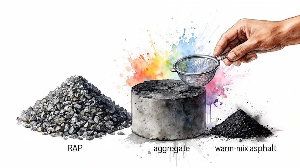 Watercolor illustration showing piles of RAP, aggregate cylinder, and warm-mix asphalt, with a hand sifting material.
