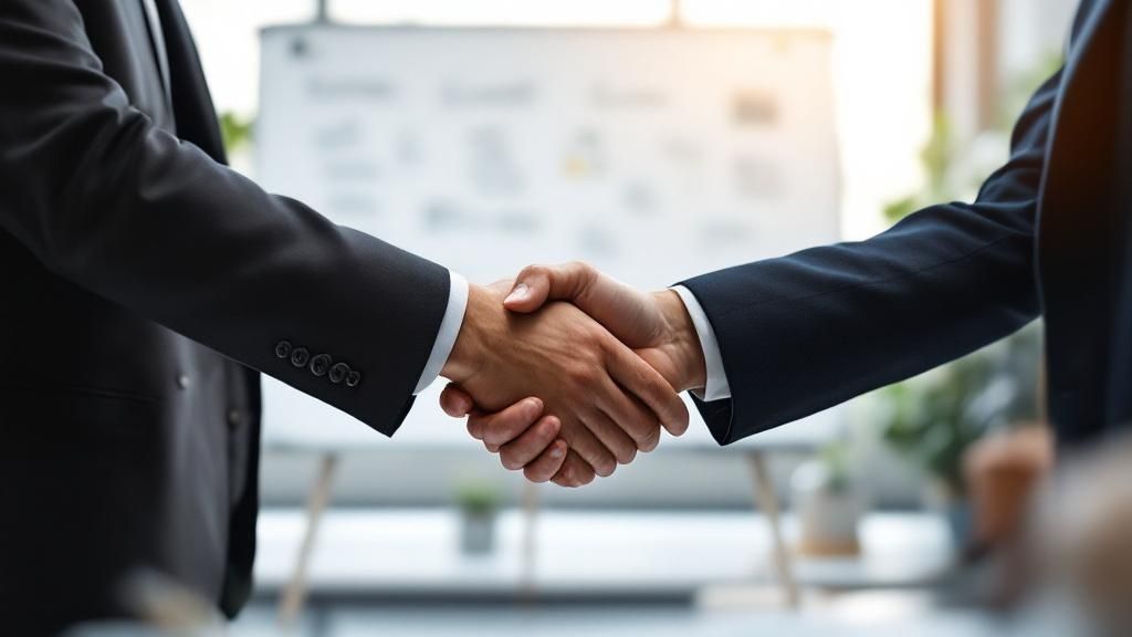A property manager and a vendor shaking hands, symbolizing a strong partnership and strategic relationship.