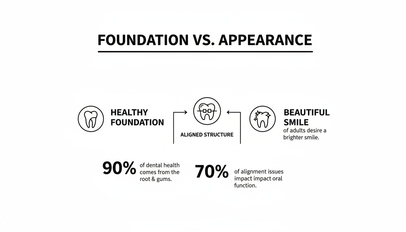 Infographic comparing dental health foundation and appearance, highlighting the role of aligned structure for a beautiful smile.