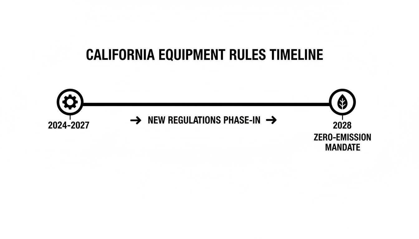 Timeline illustrating California equipment rules: new regulations phase-in from 2024-2027, leading to a 2028 zero-emission mandate.