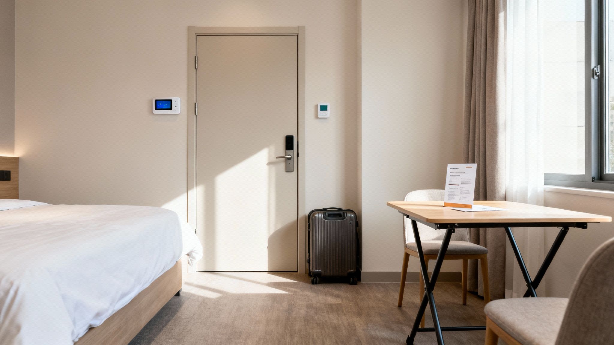 A well-lit, contemporary hotel room with a bed, small table, chairs, and a suitcase.