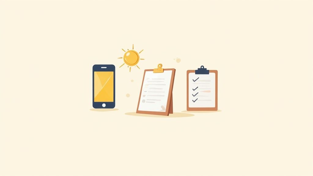 A contractor's toolkit with a smartphone, tripod, and notebook laid out neatly.