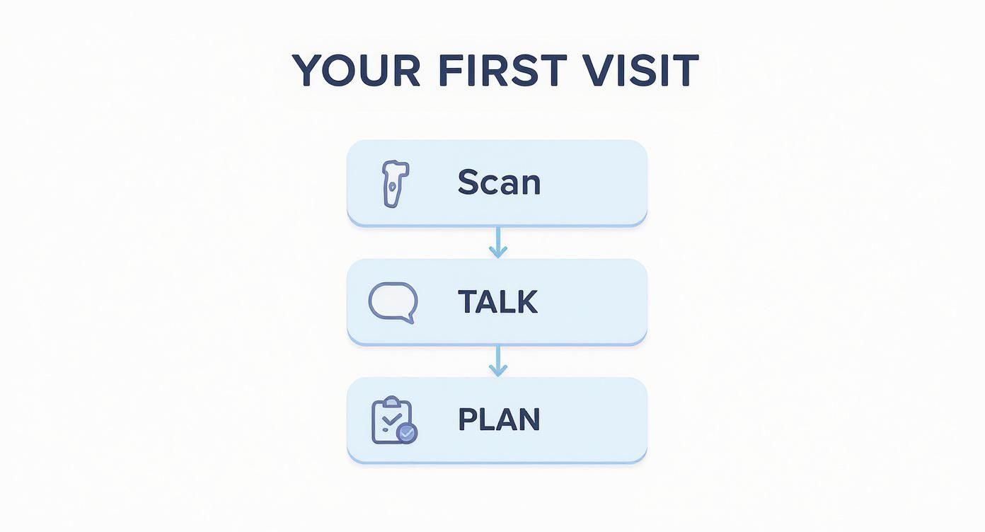 A flowchart illustrating three steps for 'Your First Visit': Scan, Talk, and Plan, each with an icon.