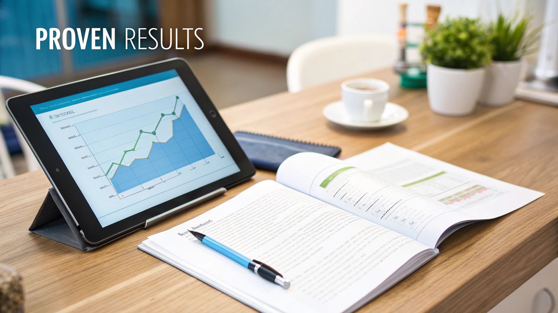 A tablet displays a financial graph, an open book, pen, coffee, and plants on a desk with "PROVEN RESULTS" text.