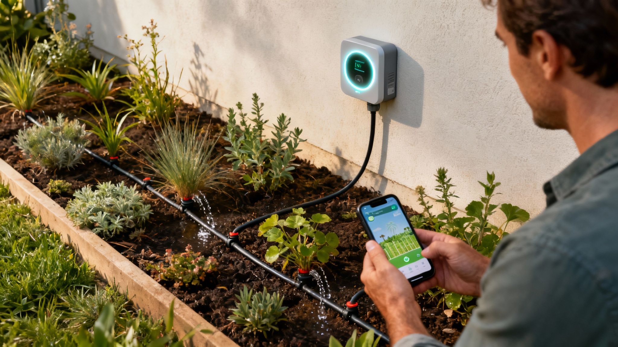 Smart irrigation system being managed on a smartphone in a California yard