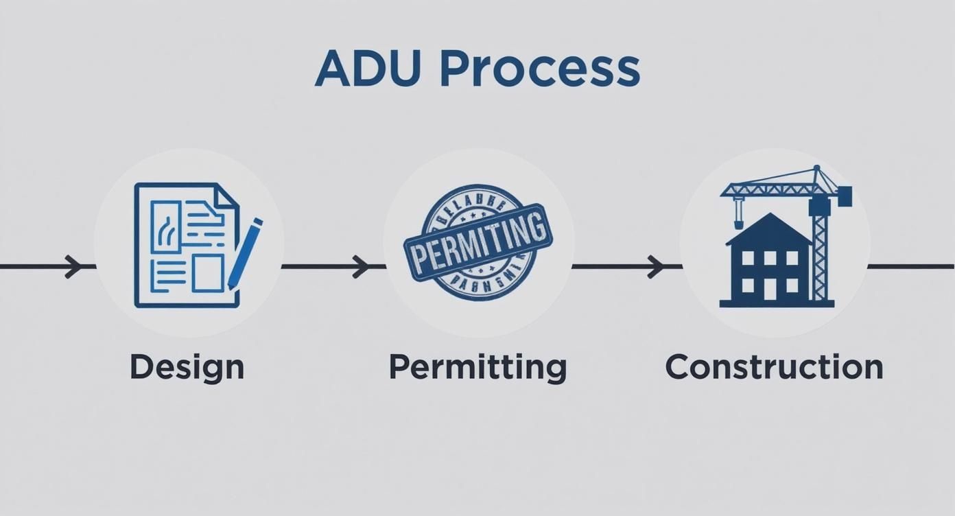An infographic showing the ADU process flow: Design, Permitting, and Construction stages with icons.