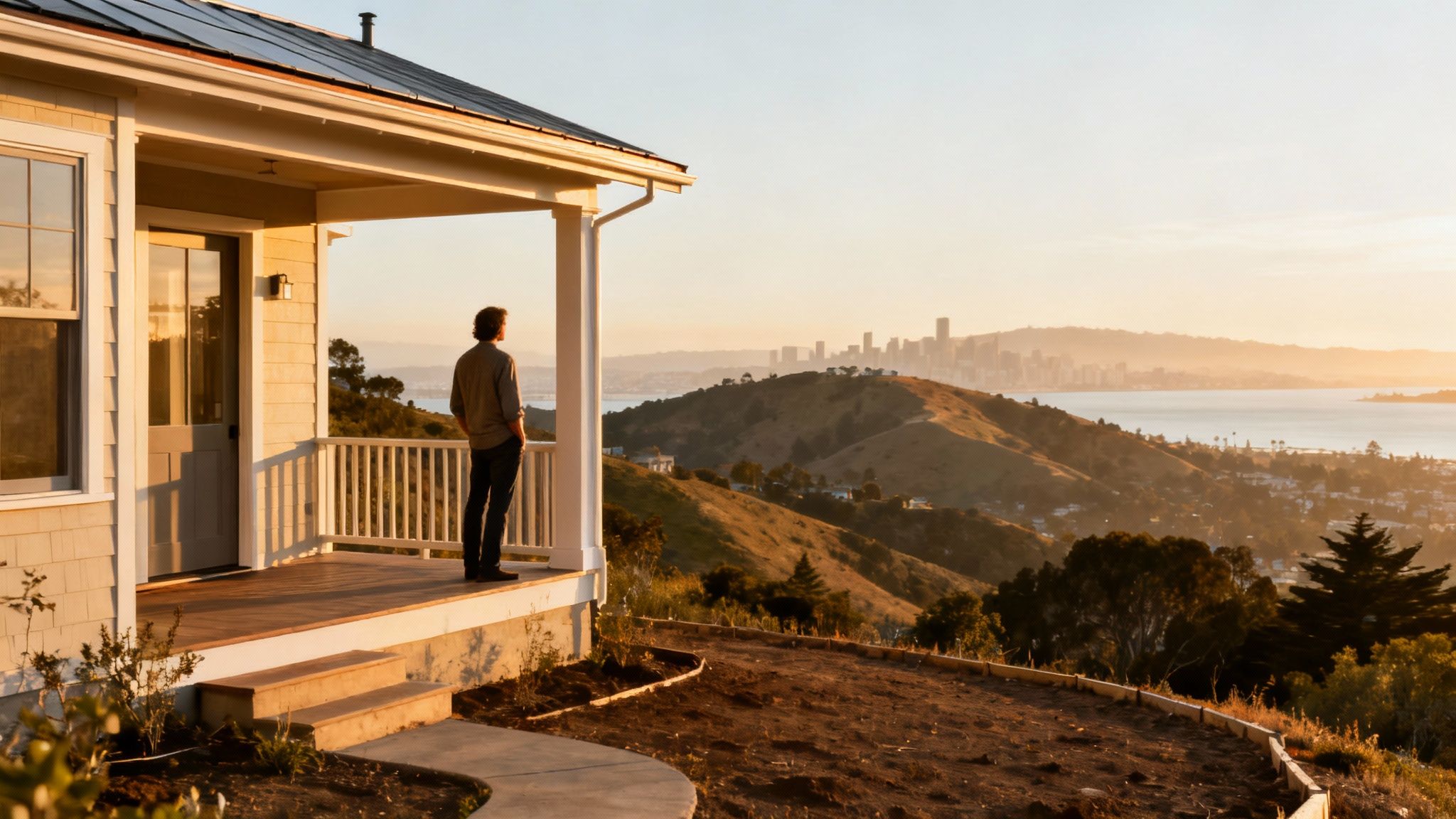 A modern home in the Bay Area hills with a clear defensible space around it.