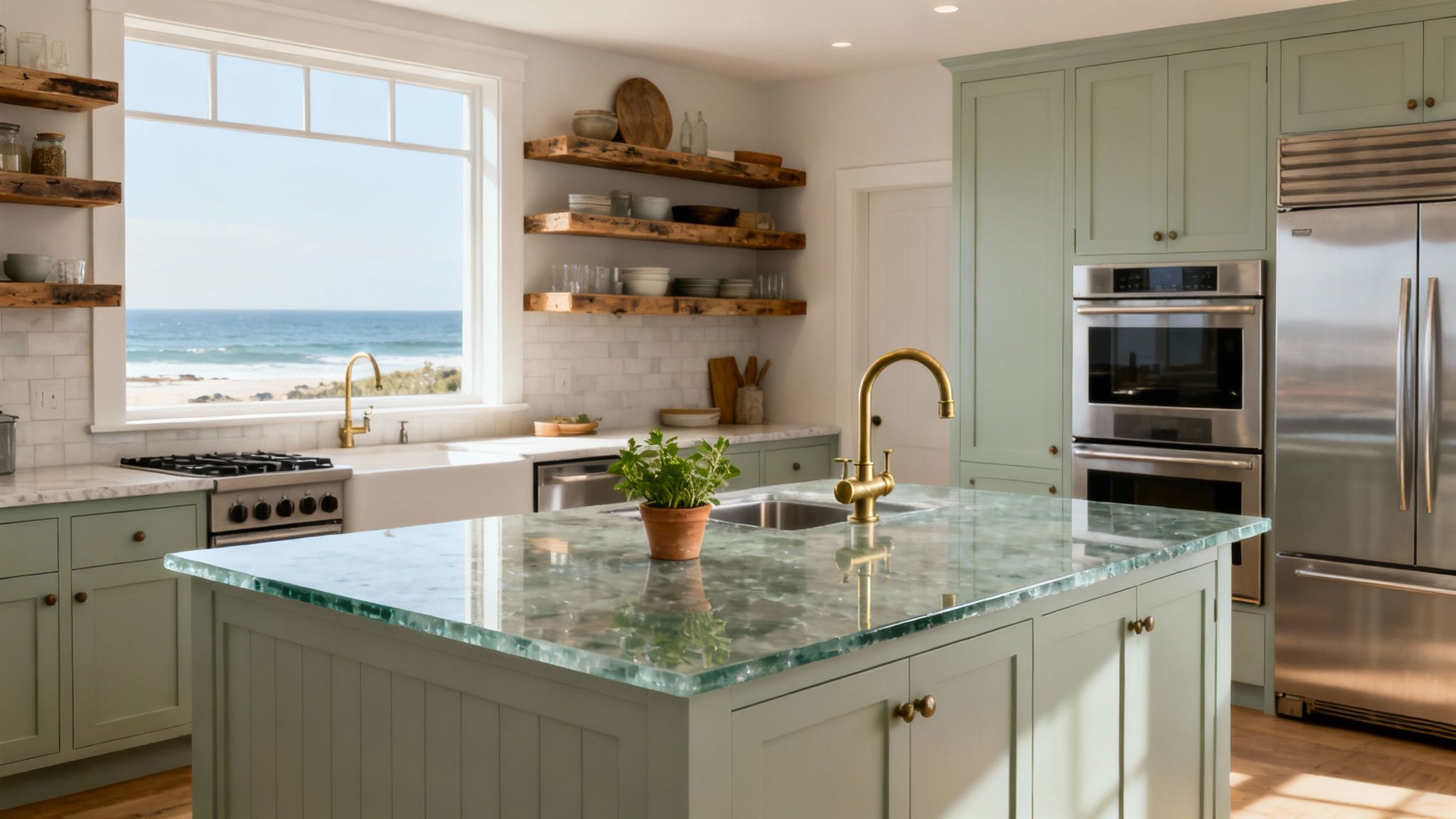 Bright coastal kitchen with light green cabinets, a green glass island, and ocean views.