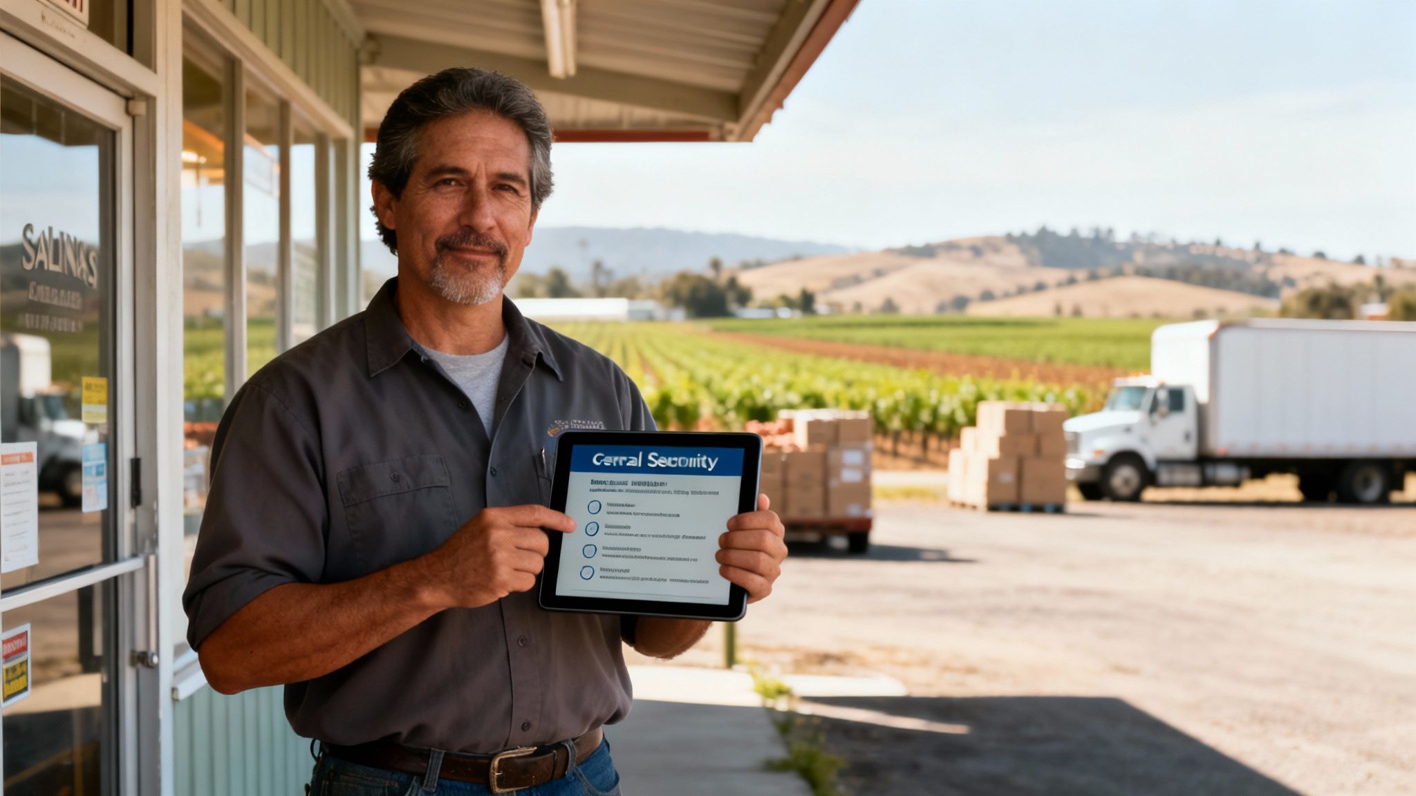 Man in front of Salinas business with vineyard background, showing 'Cerral Security' on a tablet.