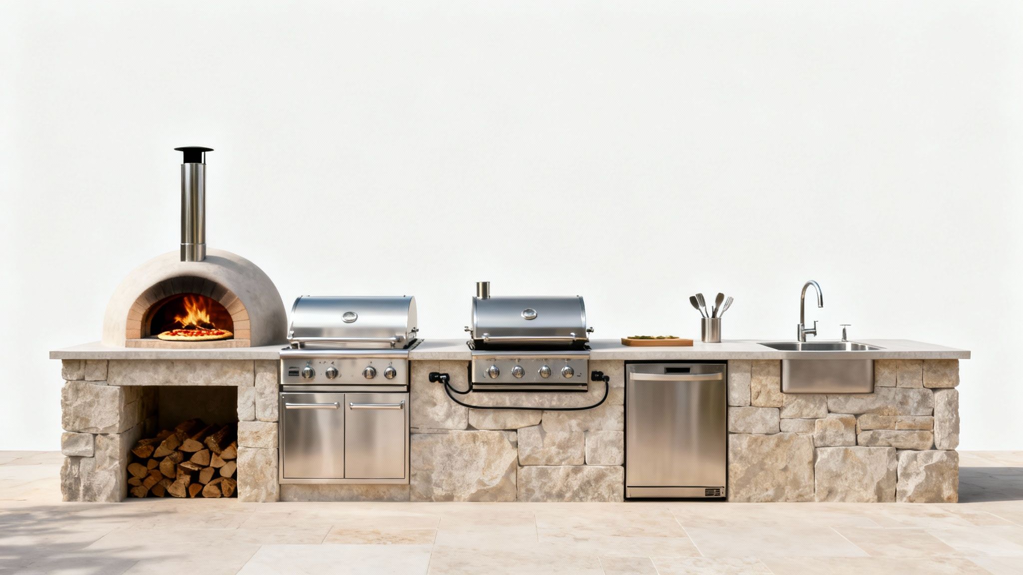 An outdoor kitchen with a pizza oven, two grills, sink, dishwasher, and stone base.