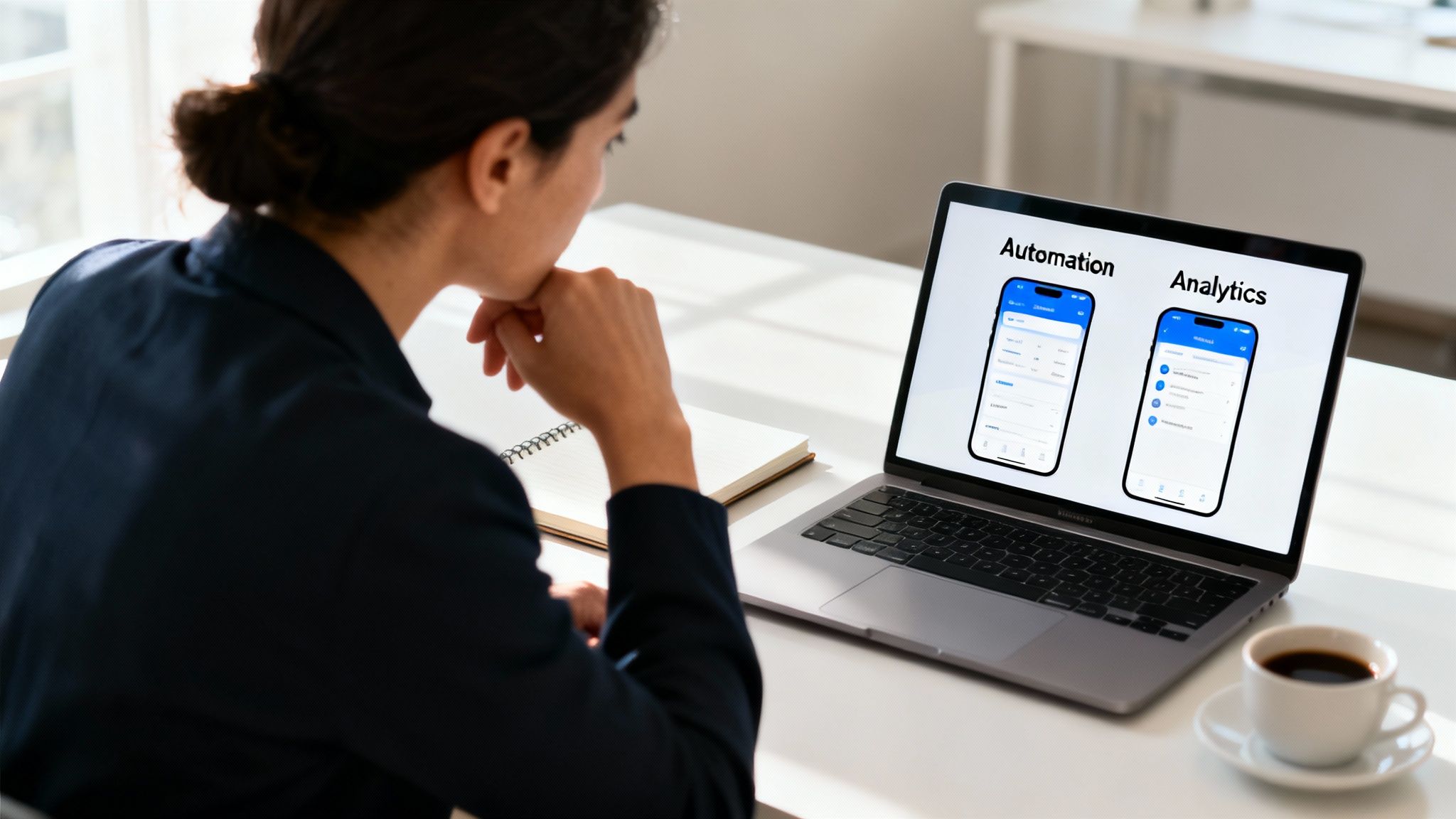 A business owner at a desk, comparing AI software options on a laptop and tablet, looking thoughtful.