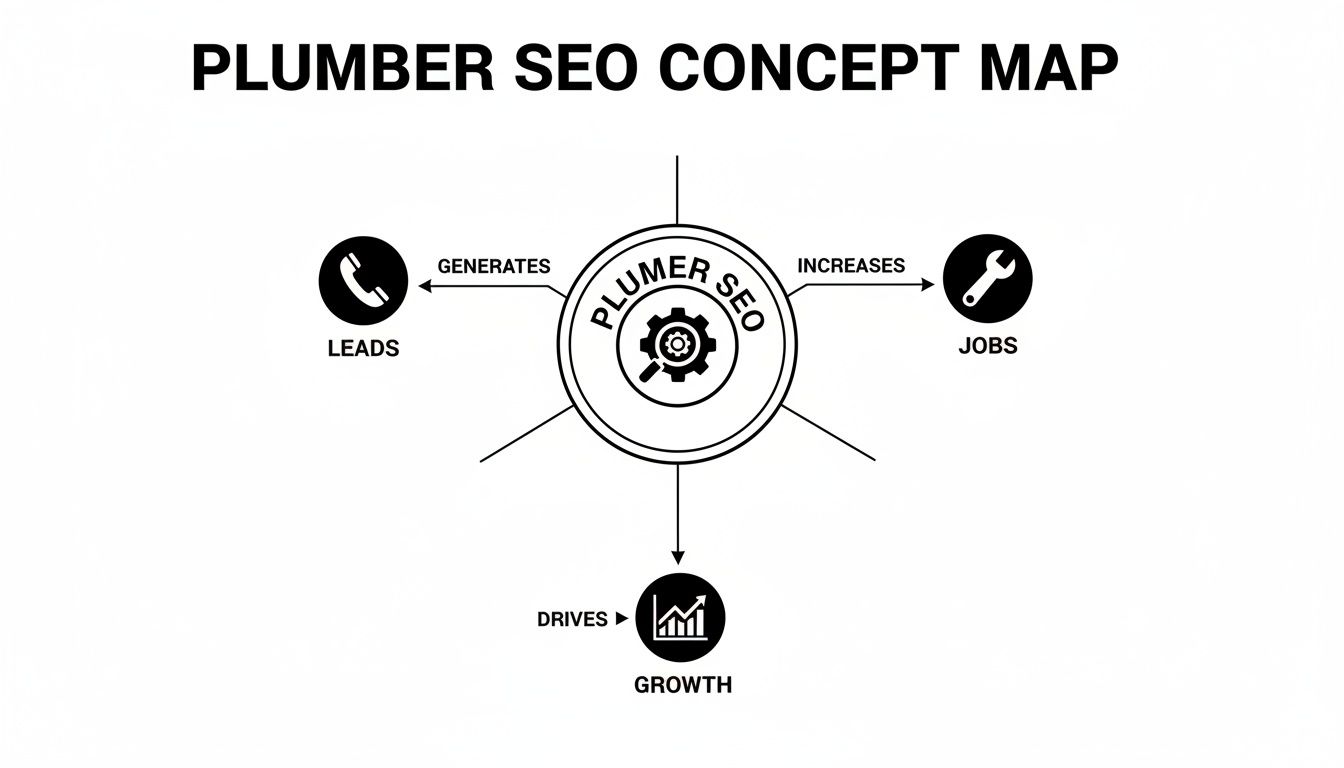 A concept map showing how Plumber SEO generates leads, increases jobs, and drives business growth.
