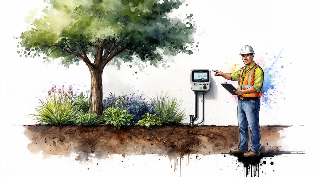 A watercolor illustration of a man pointing at a smart irrigation controller next to a tree and garden plants with exposed soil.