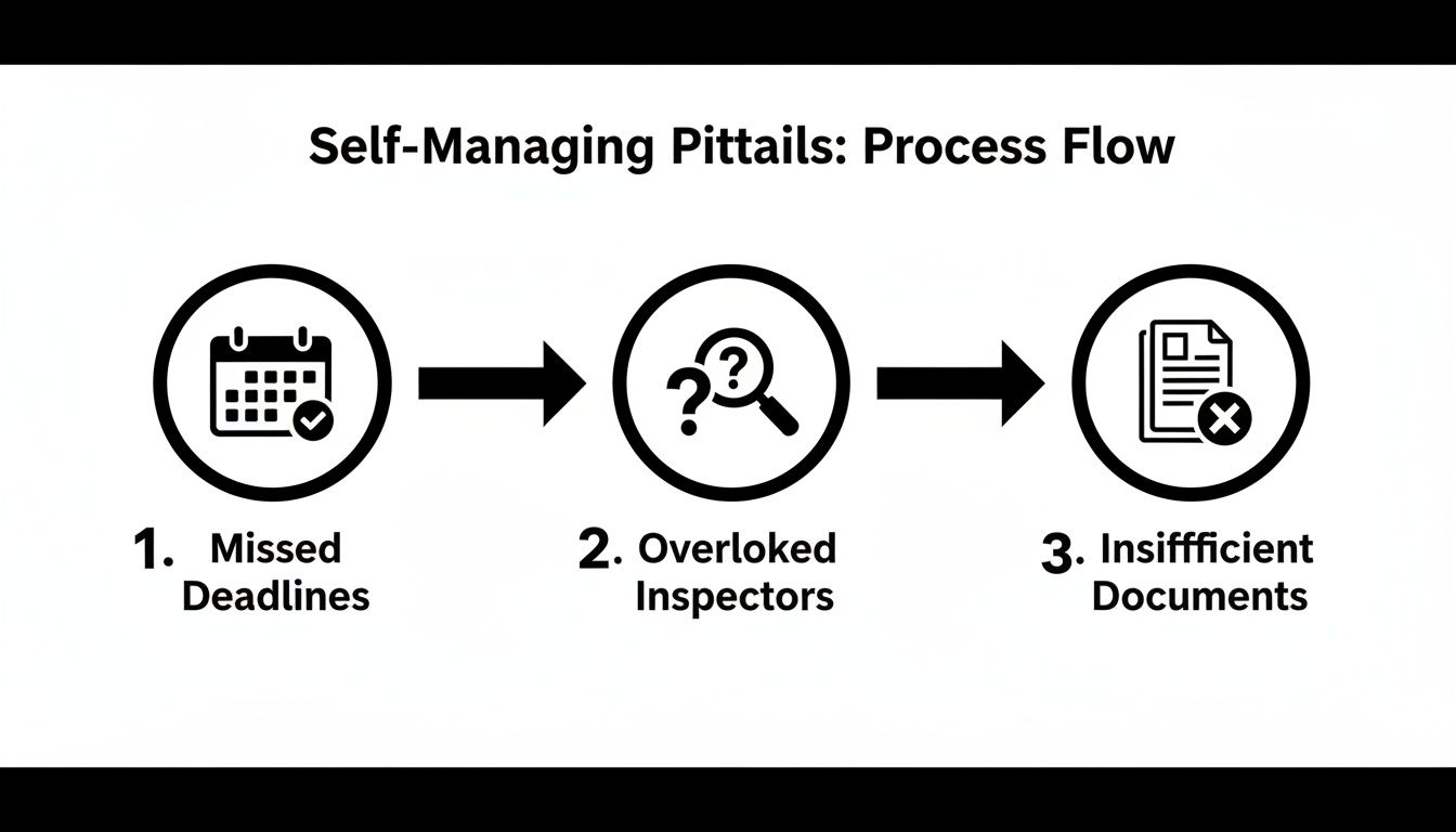 Flowchart showing self-managing pitfalls: missed deadlines, overlooked inspectors, and insufficient documents.