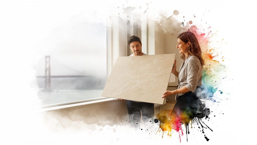 A happy couple holds a large beige tile with marble veins, with San Francisco's Golden Gate Bridge in the background.