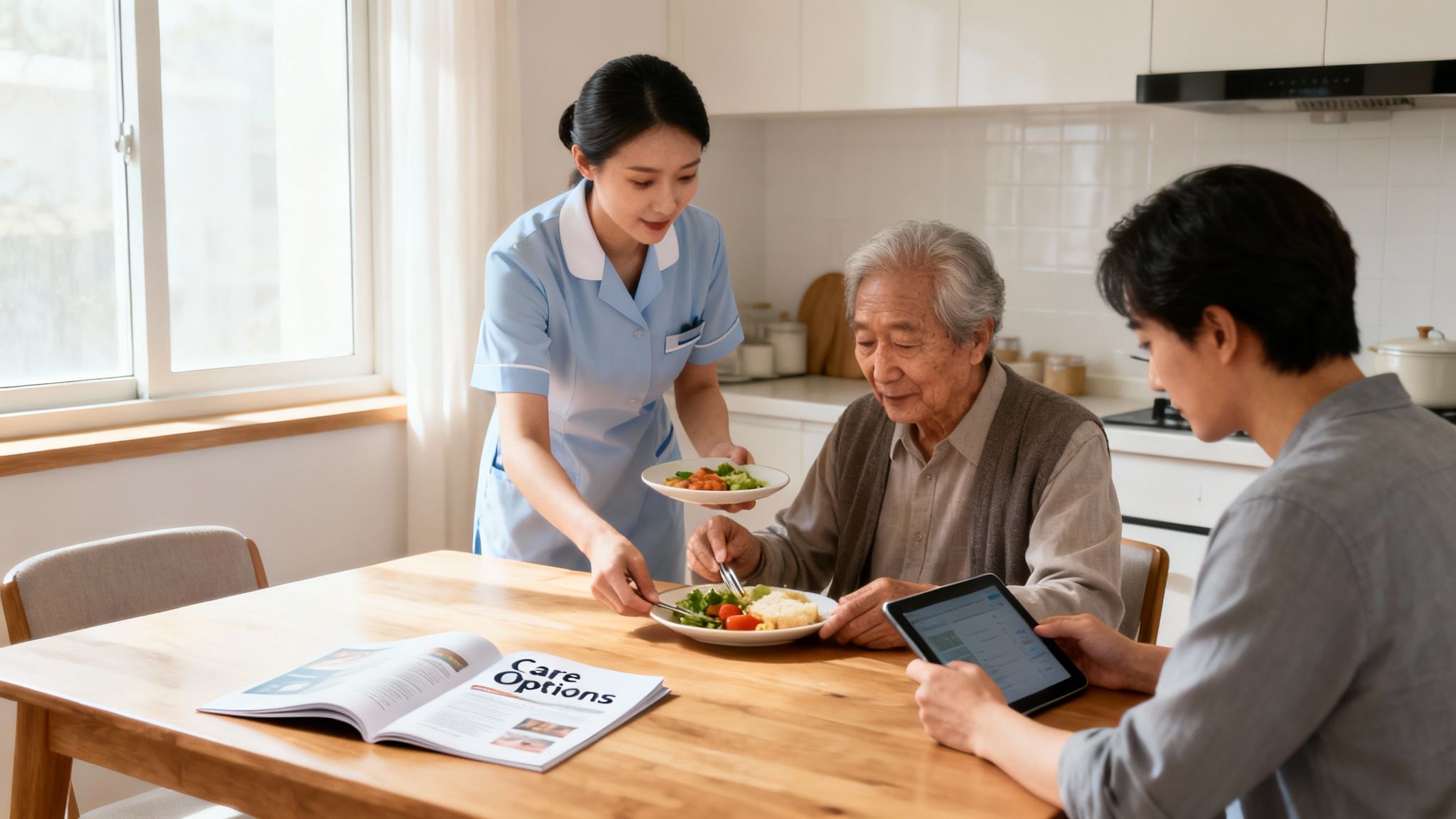 A caregiver serves a meal to an elderly man, as a younger man reviews care plans on a tablet.