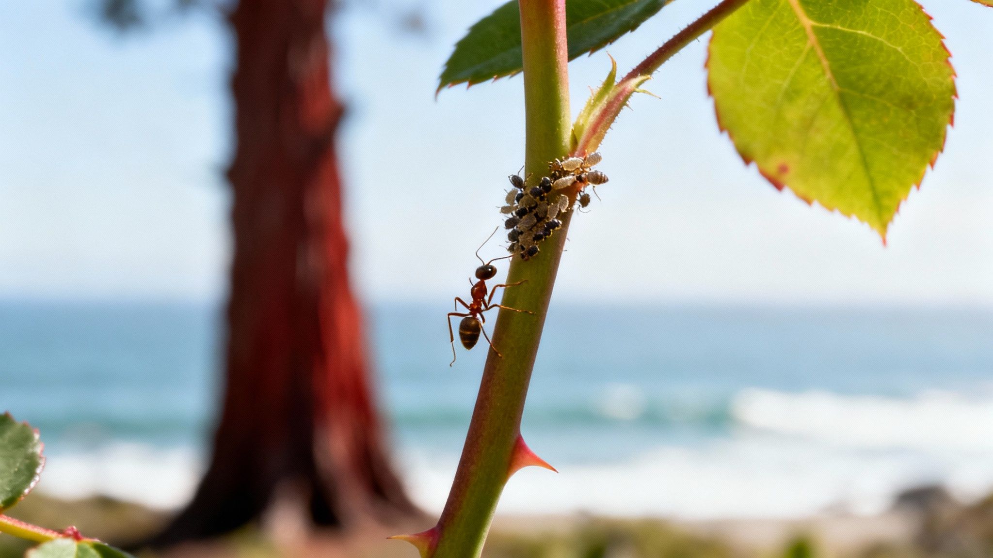 Red ant tending to aphid colony on rose stem demonstrating garden pest management