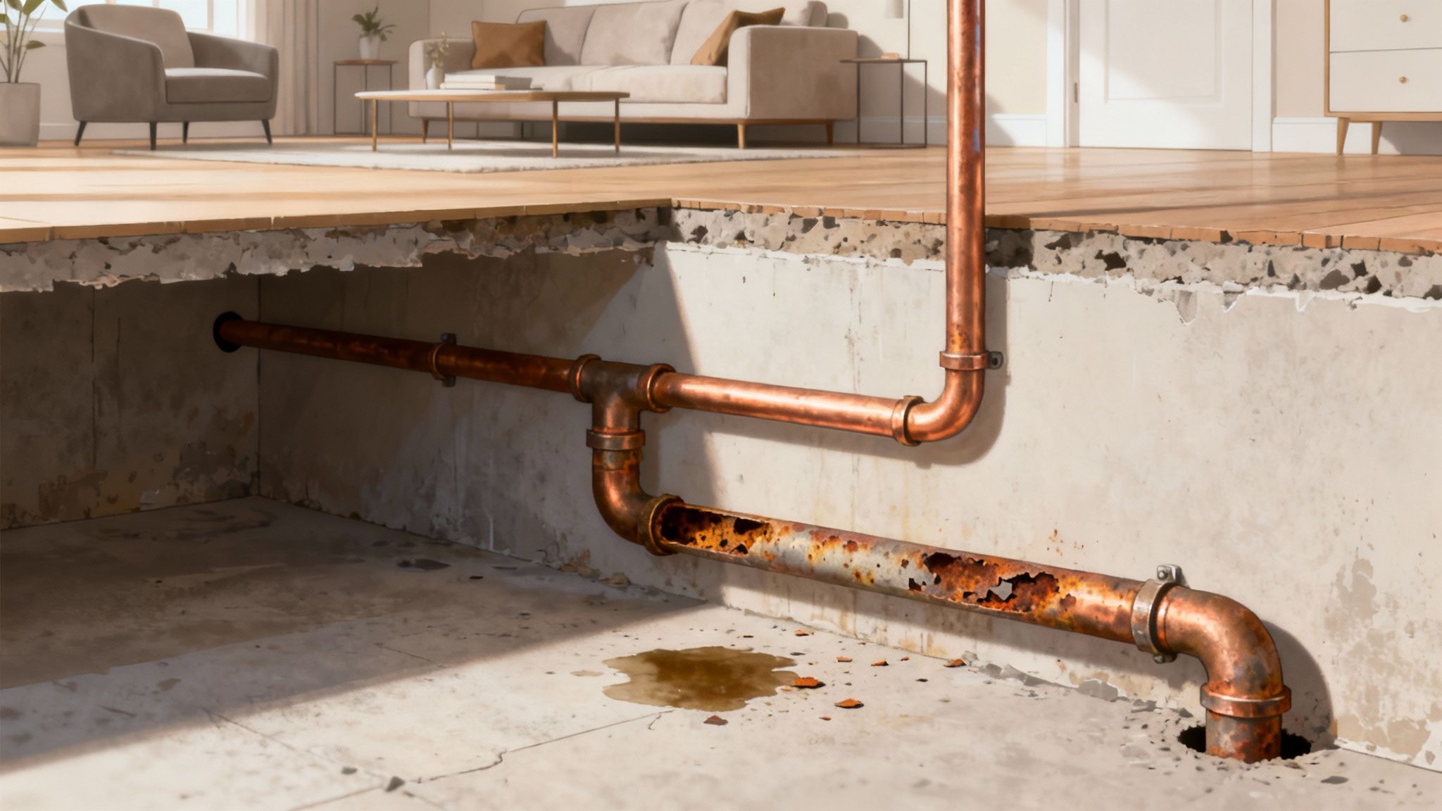 Cross-section of a house showing a modern living room above a basement with severely corroded, leaking pipes.
