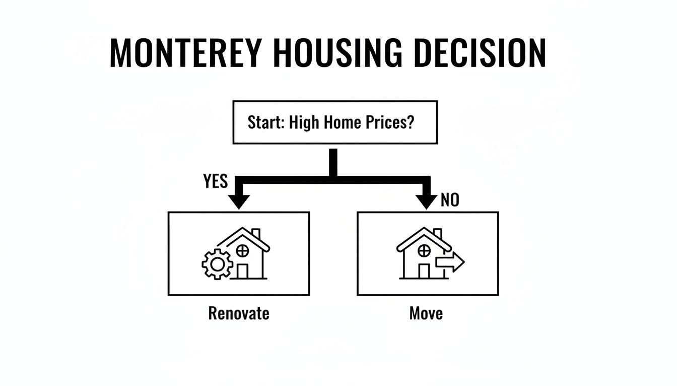 A flowchart illustrates the Monterey housing decision: high home prices lead to renovating, otherwise moving.