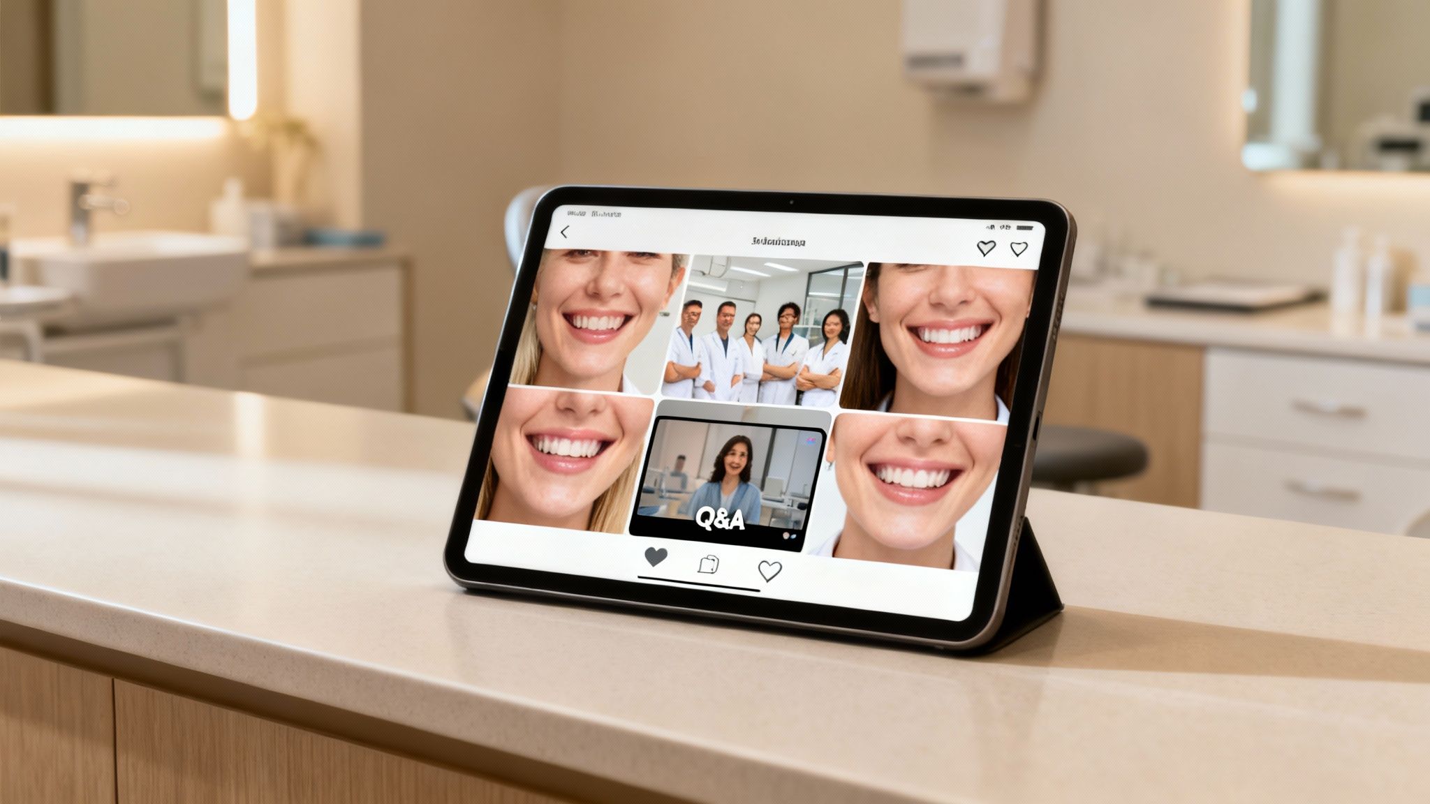 A tablet on a counter in a dental office displays images of smiling patients, dentists, and a Q&A.