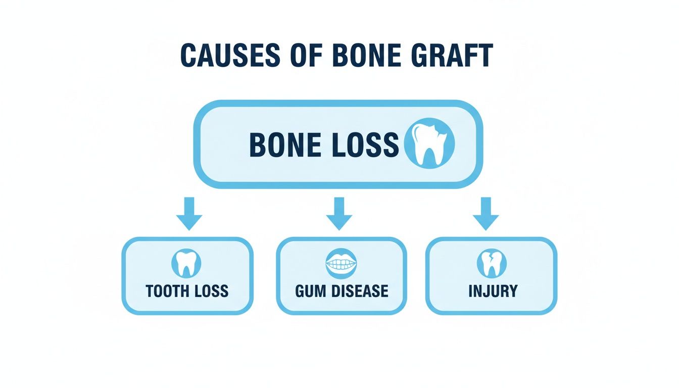 Flowchart illustrating the causes of bone loss requiring a bone graft: tooth loss, gum disease, and injury.