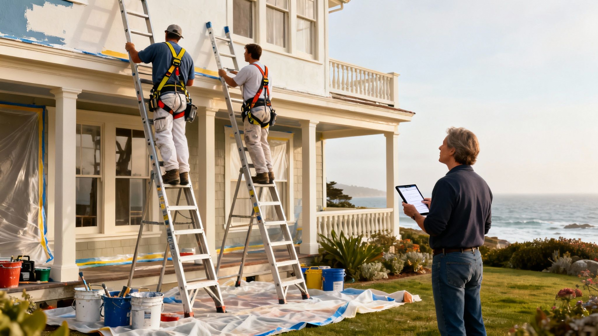 Two professional painters on ladders paint a coastal house exterior as a supervisor checks a tablet.