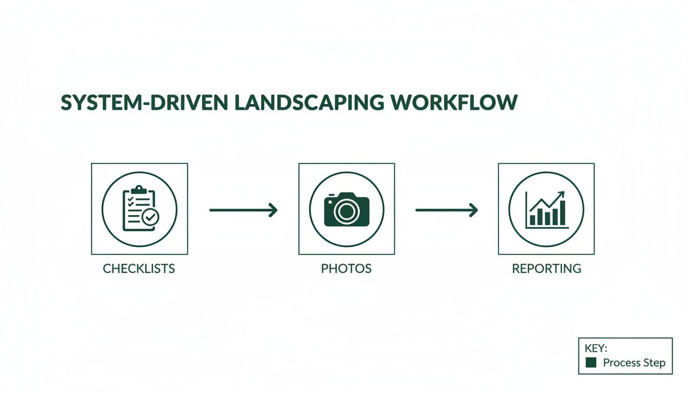 Workflow illustrating a system-driven landscaping process, including checklists, photos, and reporting stages.