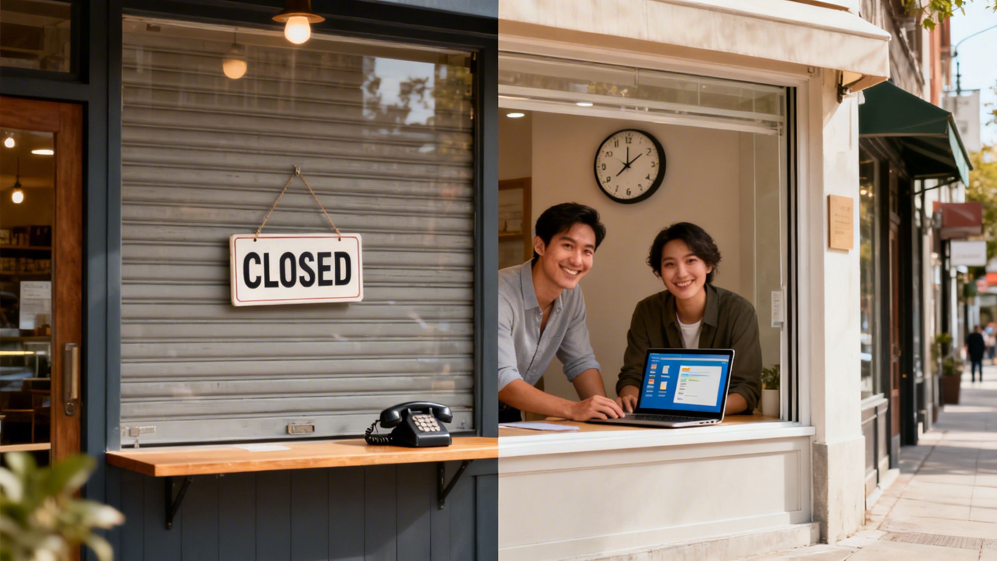 A split image contrasting a closed shop with a sign and an open shop with two smiling people working on a laptop.