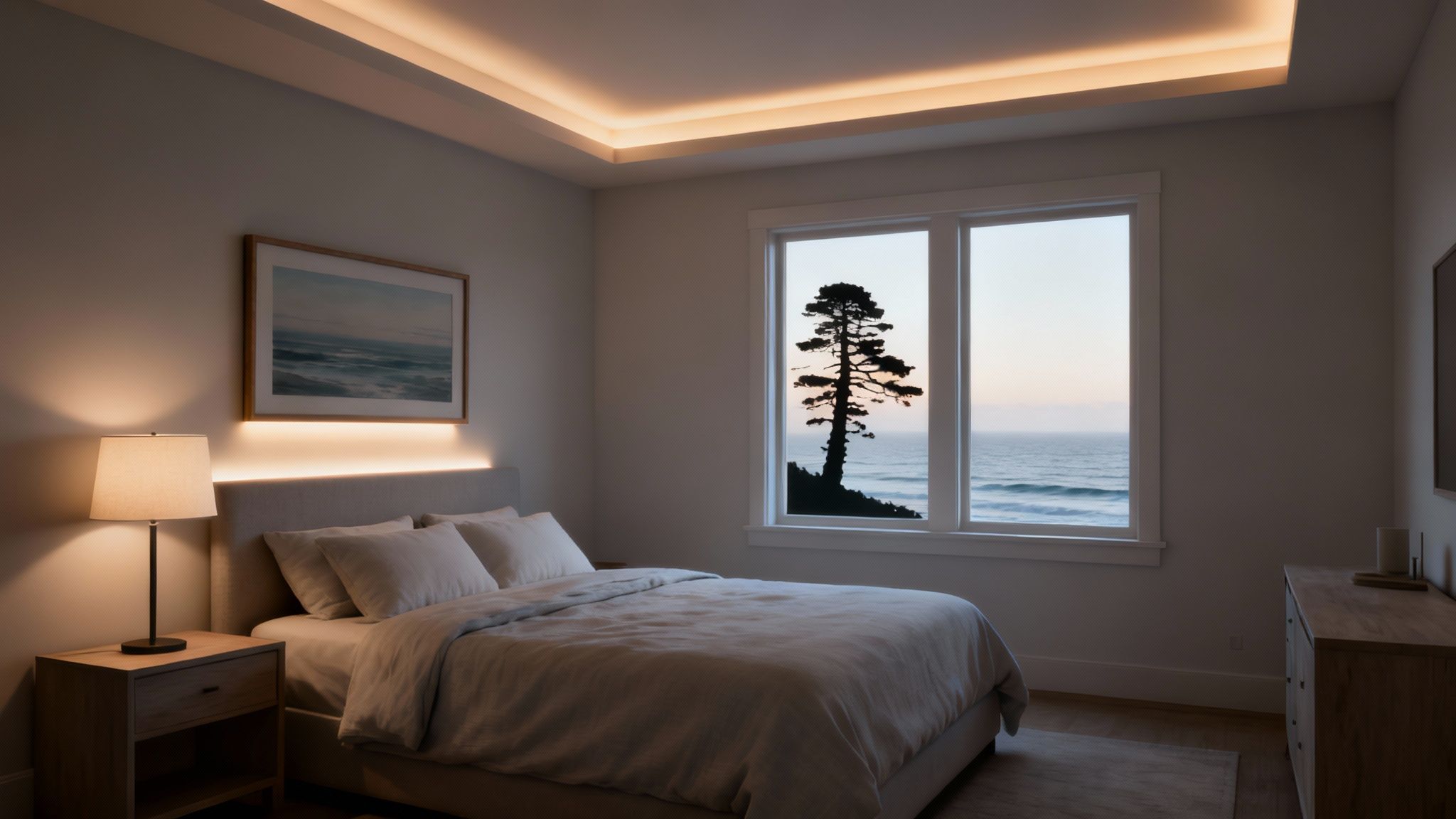A cozy bedroom with a bed, nightstand, and lamp, featuring a window view of the ocean and a tree.
