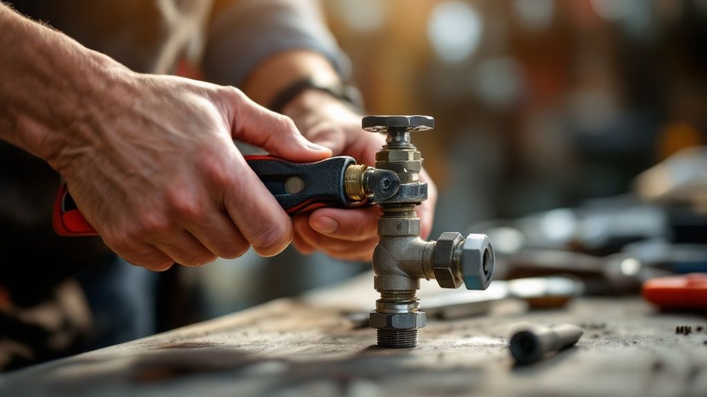 A water pressure regulator installed on a home's copper pipes, showing a gauge in the safe green zone.