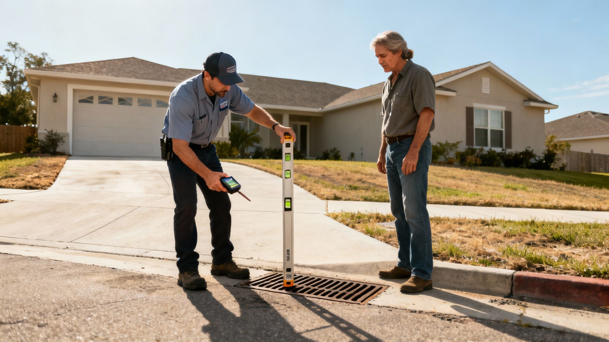 A technician in uniform uses a digital level on a storm drain while a man observes.