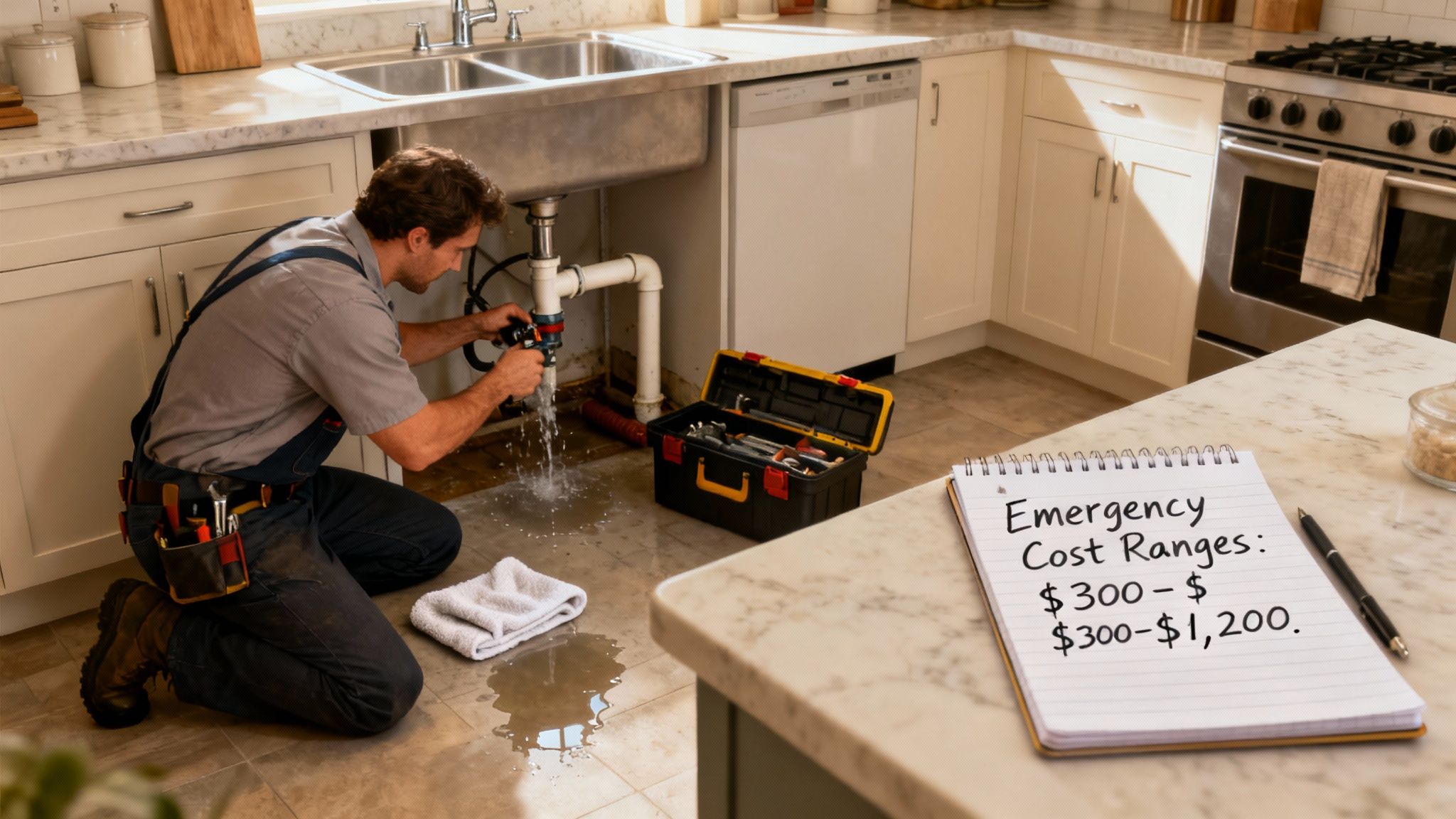 The Truth About Emergency Plumbing Costs Most Providers Don’t Explain 2 A plumber fixes a leaky pipe under a kitchen sink, while a notebook shows emergency plumbing costs.