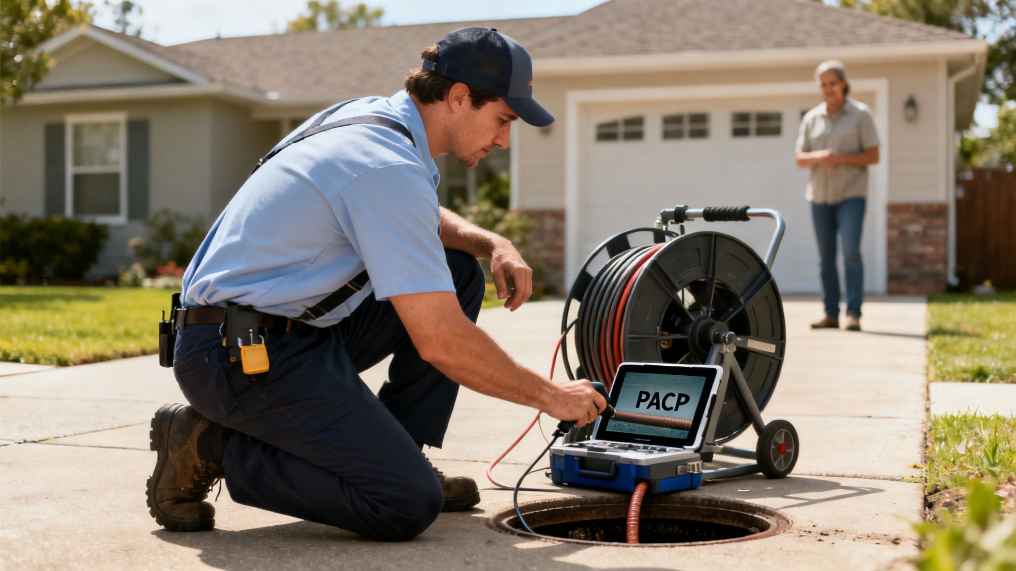 A technician inspects a sewer line with a camera and laptop, displaying 'PACP' on screen, in front of a house.
