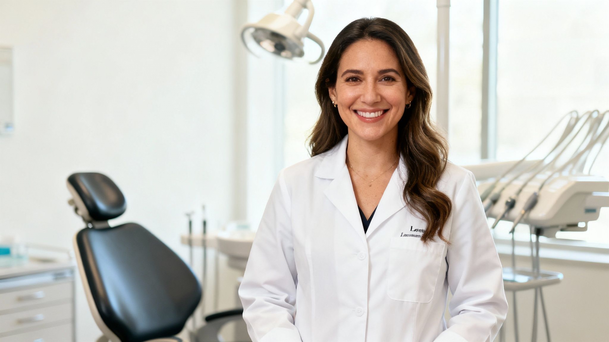 Female dentist smiling in modern dental office with equipment and chair in background
