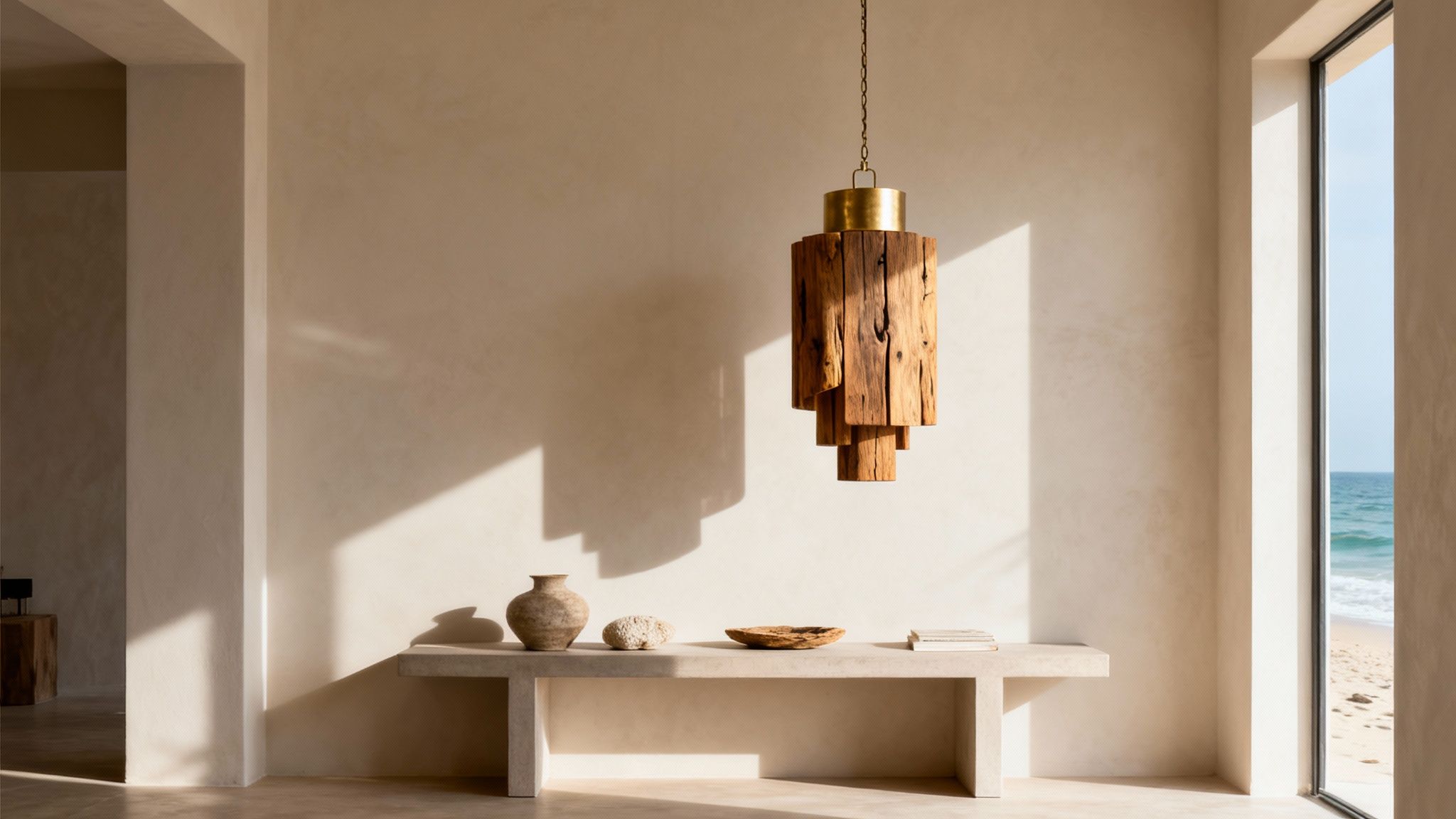 A minimalist room with a unique wooden pendant light, a console table, and an ocean view.