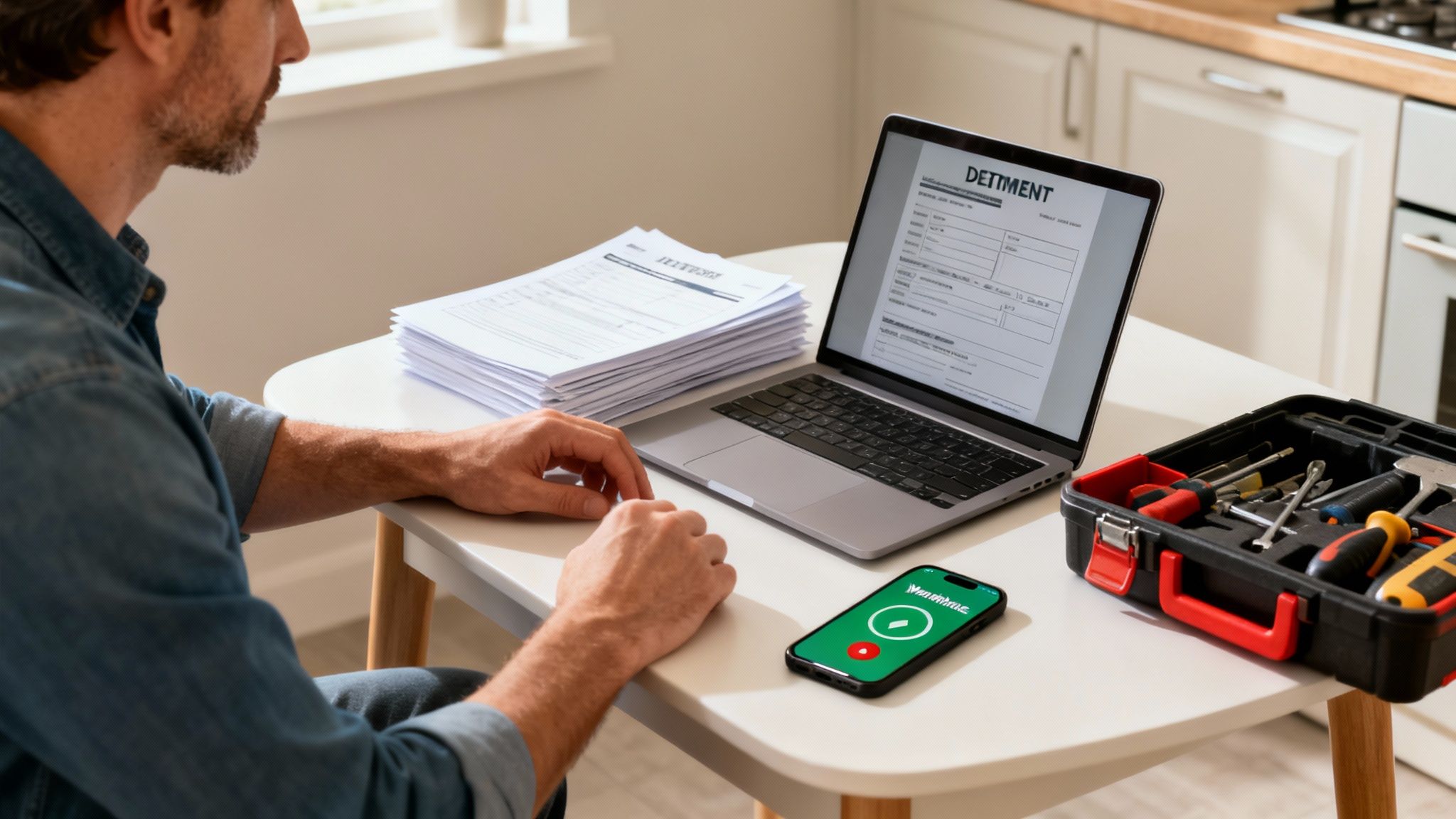 A man at a desk with a laptop, stack of papers, smartphone, and a toolbox.
