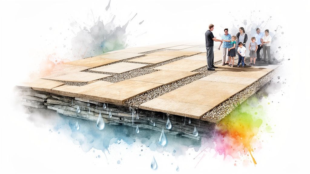 Permeable patio system illustration with water drainage and a group of people.