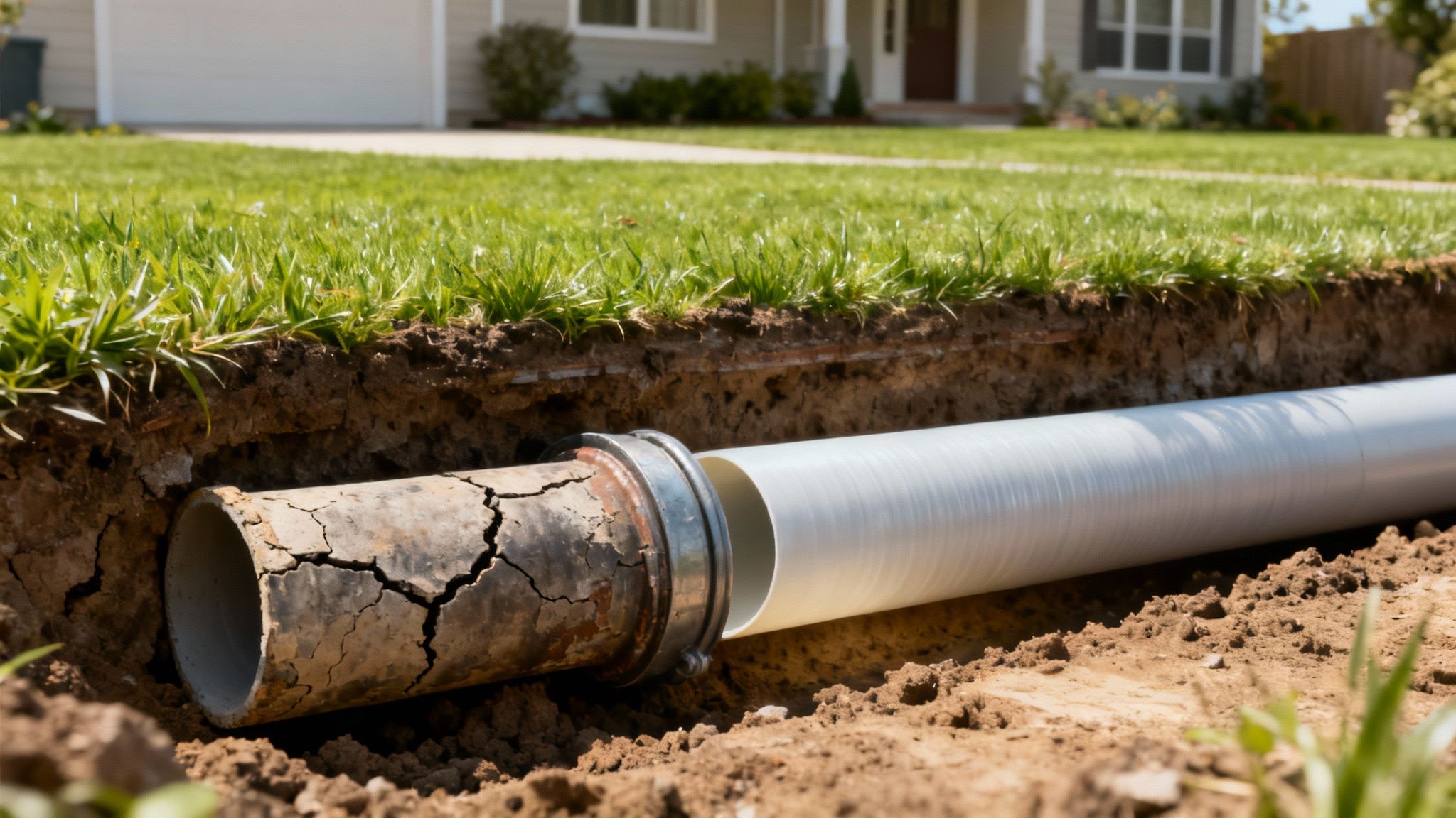A trench reveals an old, cracked sewer pipe being connected to a new white pipe under a green lawn.