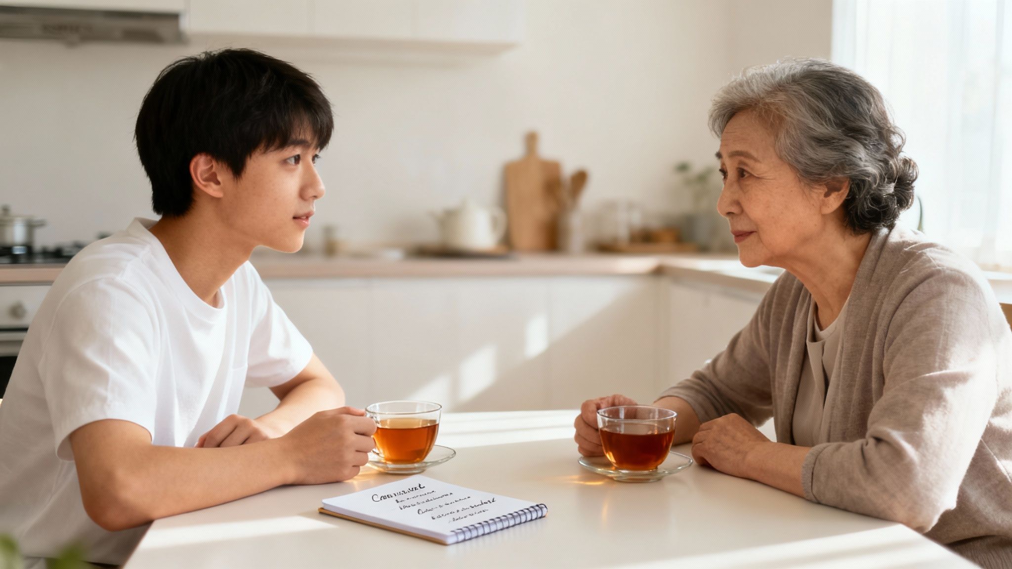 Young Asian man and elderly woman having heartfelt conversation over tea at kitchen table