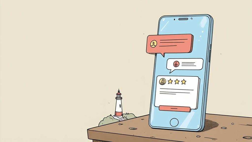 A friendly AI chatbot icon on a smartphone, representing automated customer service for trade businesses.