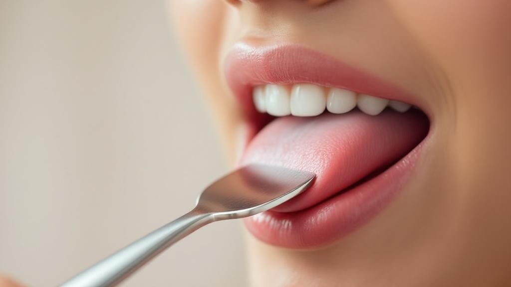 A person using a tongue scraper to clean their tongue, showing the gentle scraping motion from back to front.