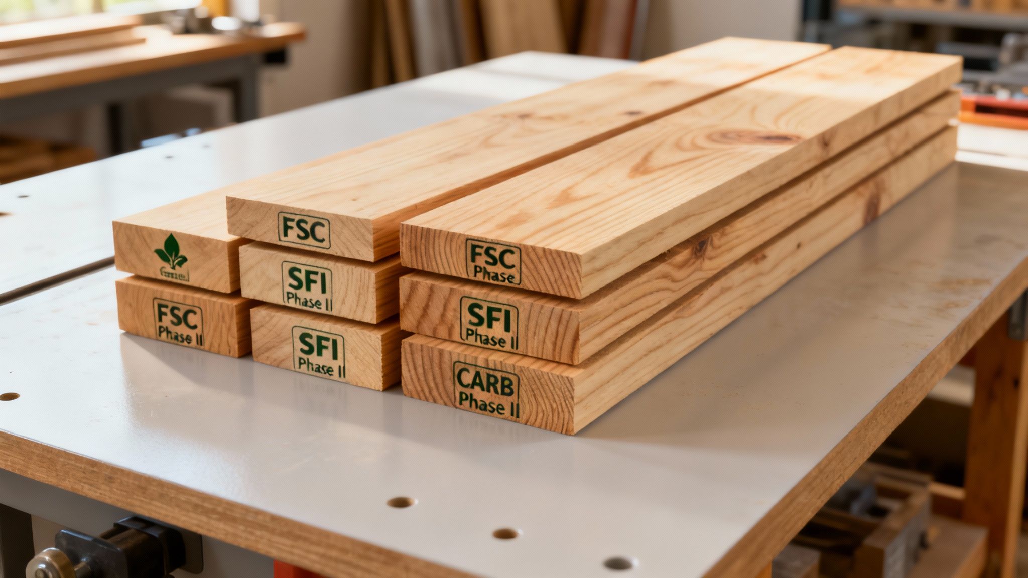 A close-up shot of an official FSC certification stamp on a piece of lumber.
