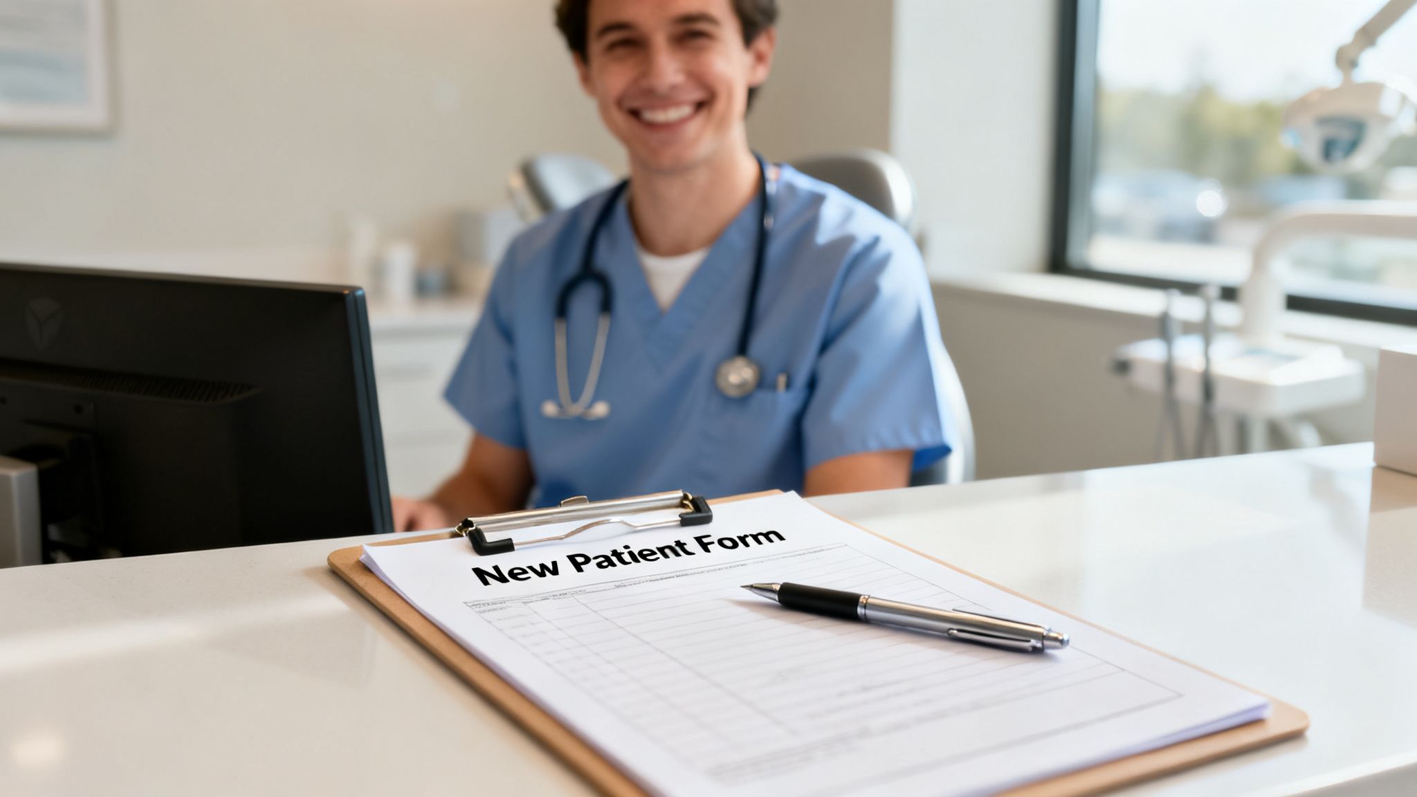Smiling male dentist in scrubs behind a desk, with a 'New Patient Form' and pen.