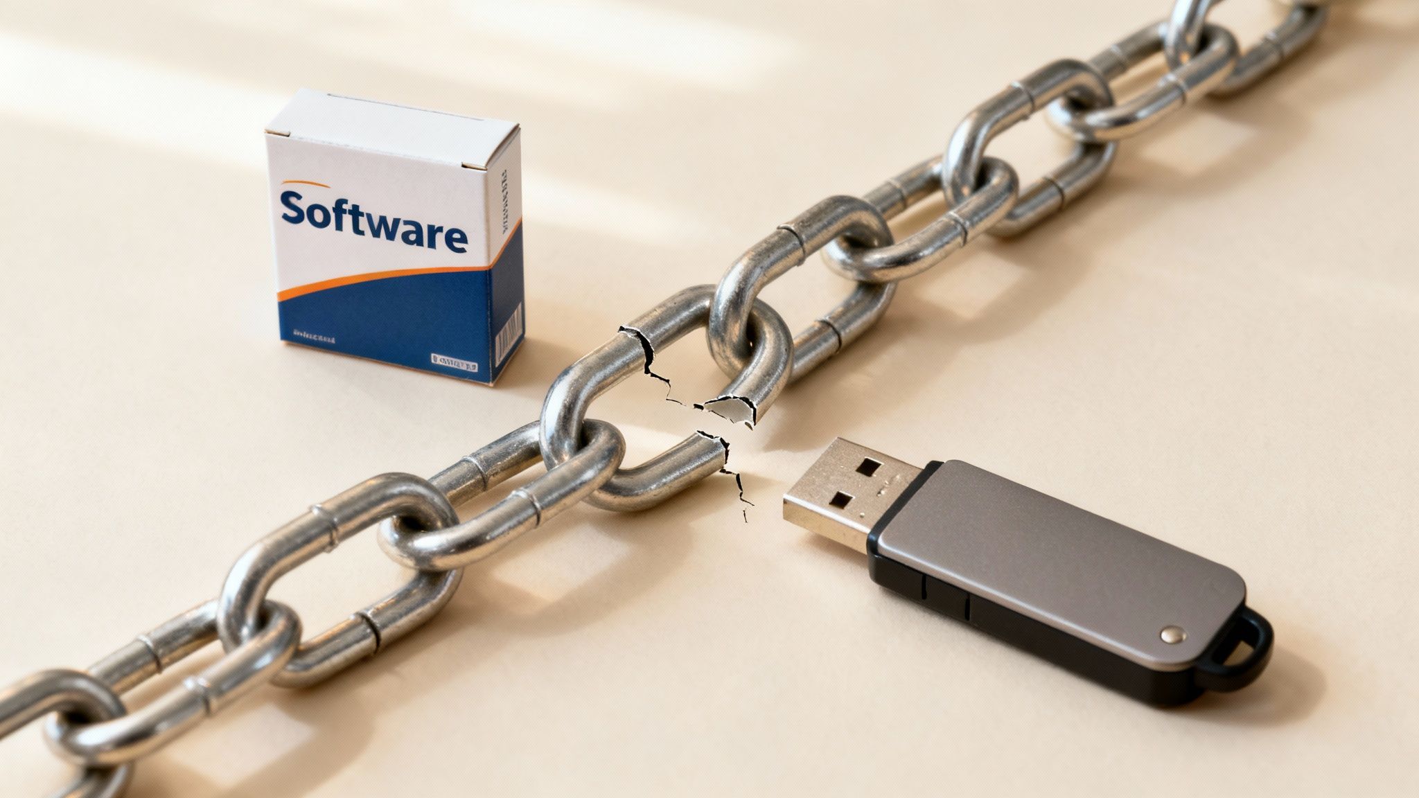 A software box, a broken chain link, and a USB drive, depicting a cybersecurity vulnerability or risk.