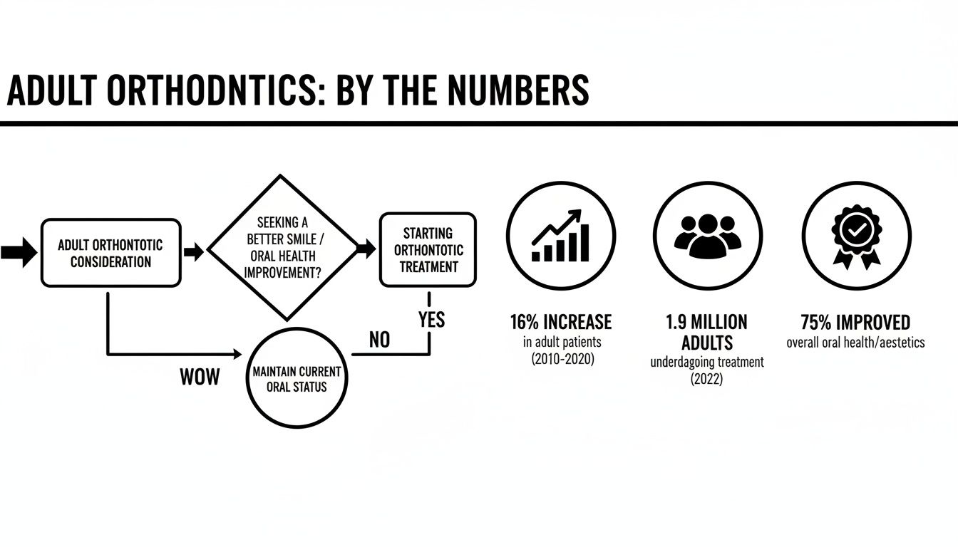 Infographic showing adult orthodontic considerations, treatment statistics, and improved <a href=