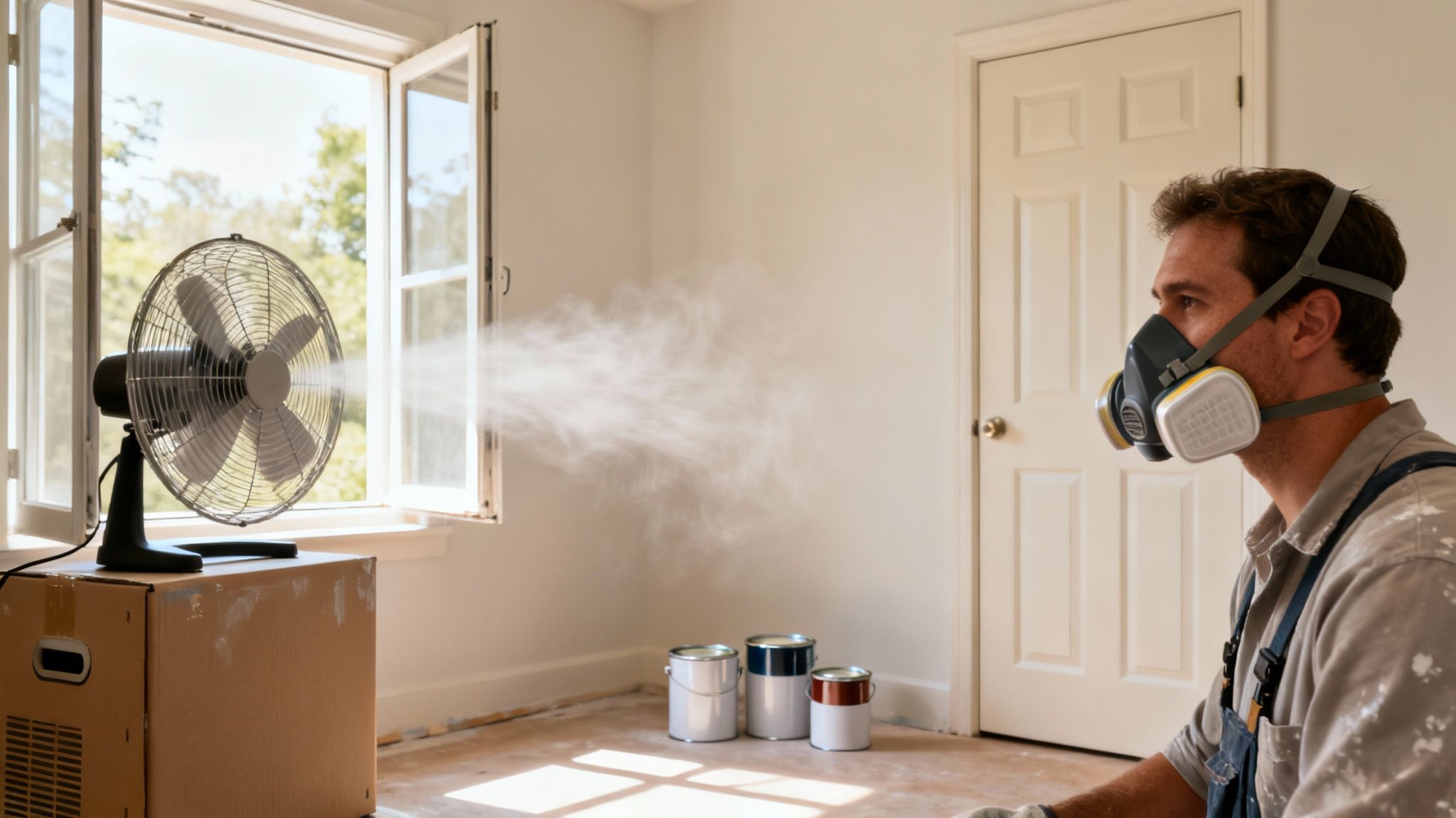 Man in a respirator mask ventilating a room with a fan during a painting project.