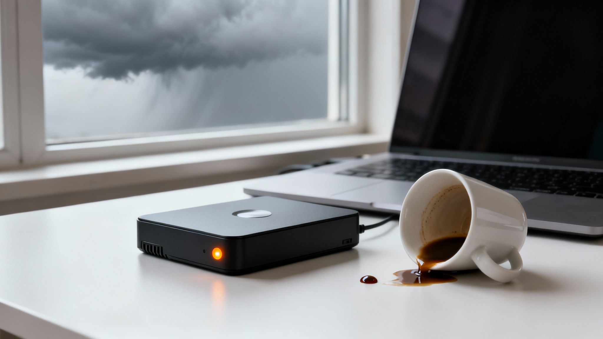 Spilled coffee on a desk next to a laptop and an external drive with an orange warning light, stormy weather outside.