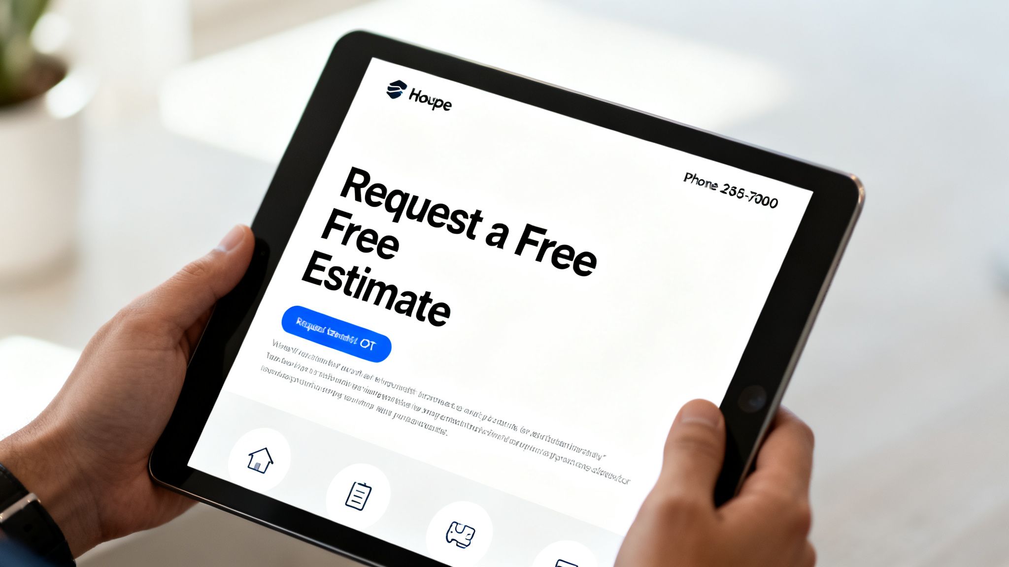 A person holds a black tablet displaying the Houpe website with a 'Request a Free Estimate' call to a ction.