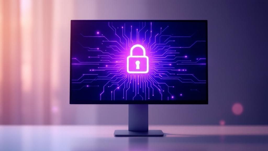 A digital padlock icon over a blurred background of computer code, symbolizing cyber security.