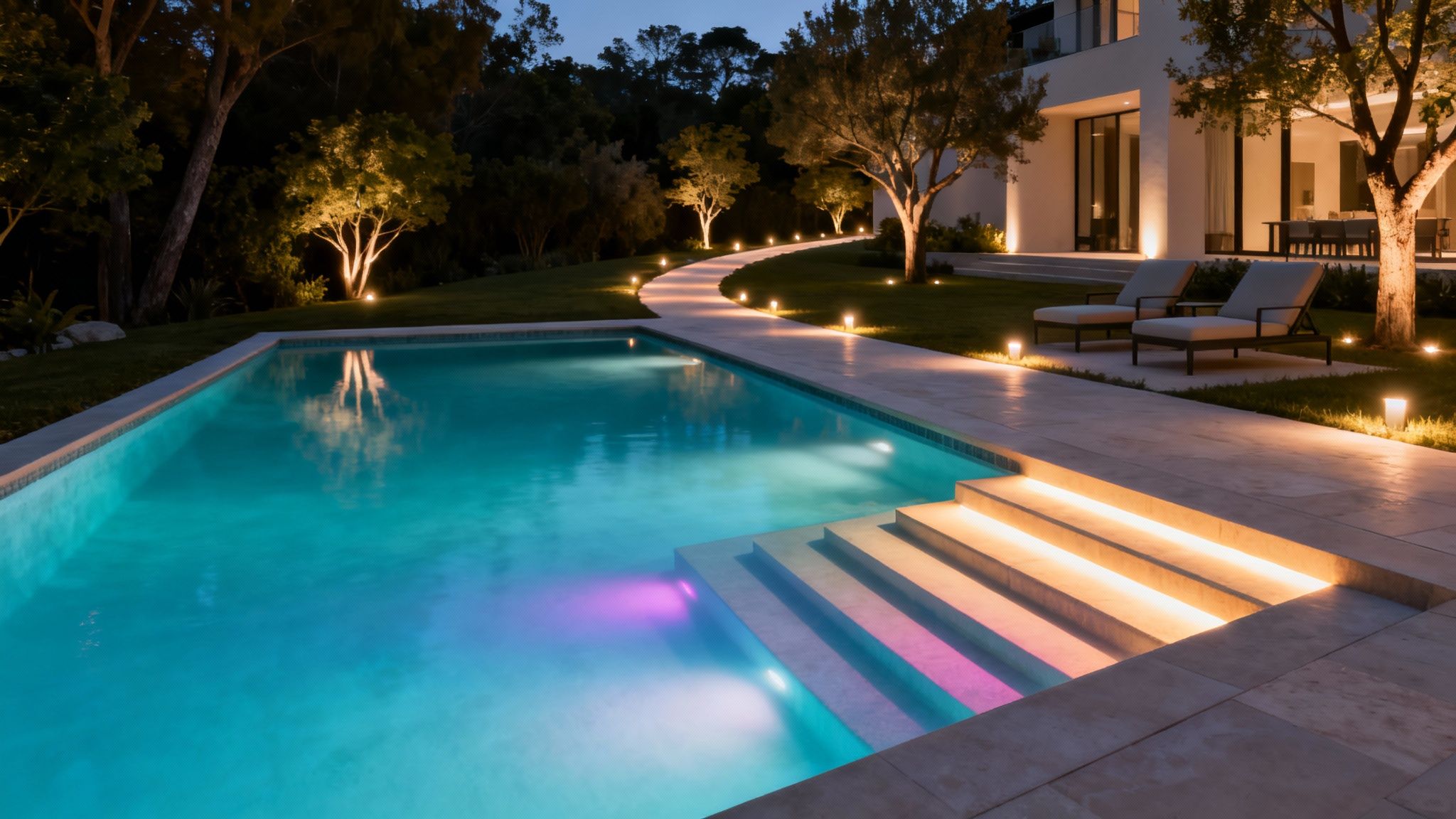 Luxurious backyard swimming pool with colored lights and a lighted path at night.